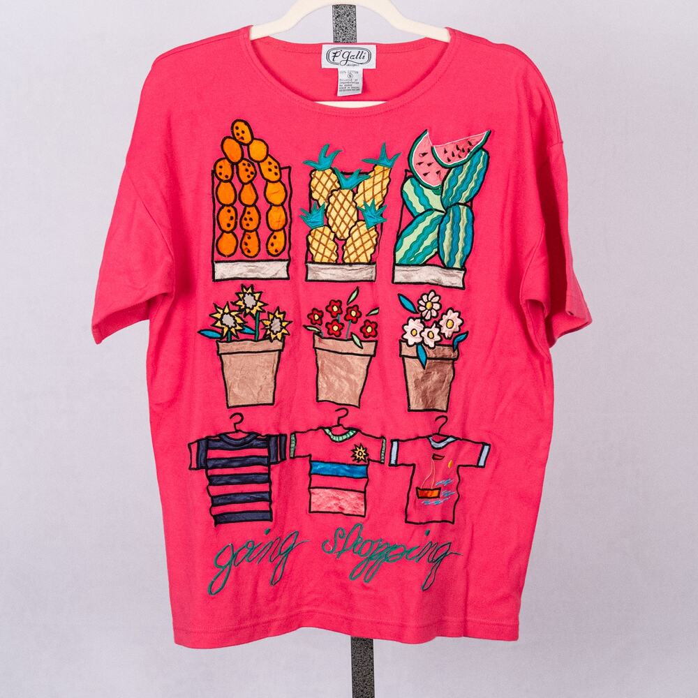 Vintage Women's SZ SMALL Top Vibrant Embroidered Colorful Fruit Beachy Gardening